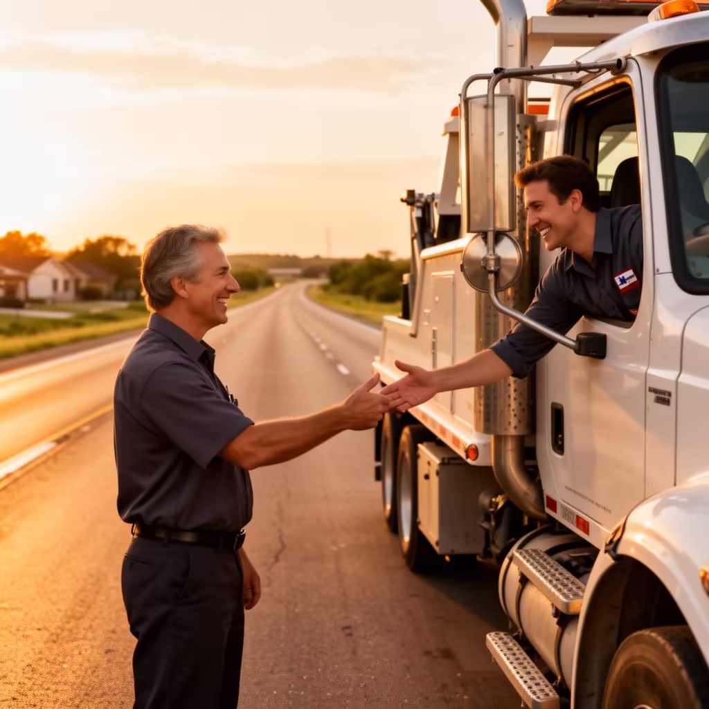 Tow truck driver helping customer in Texas