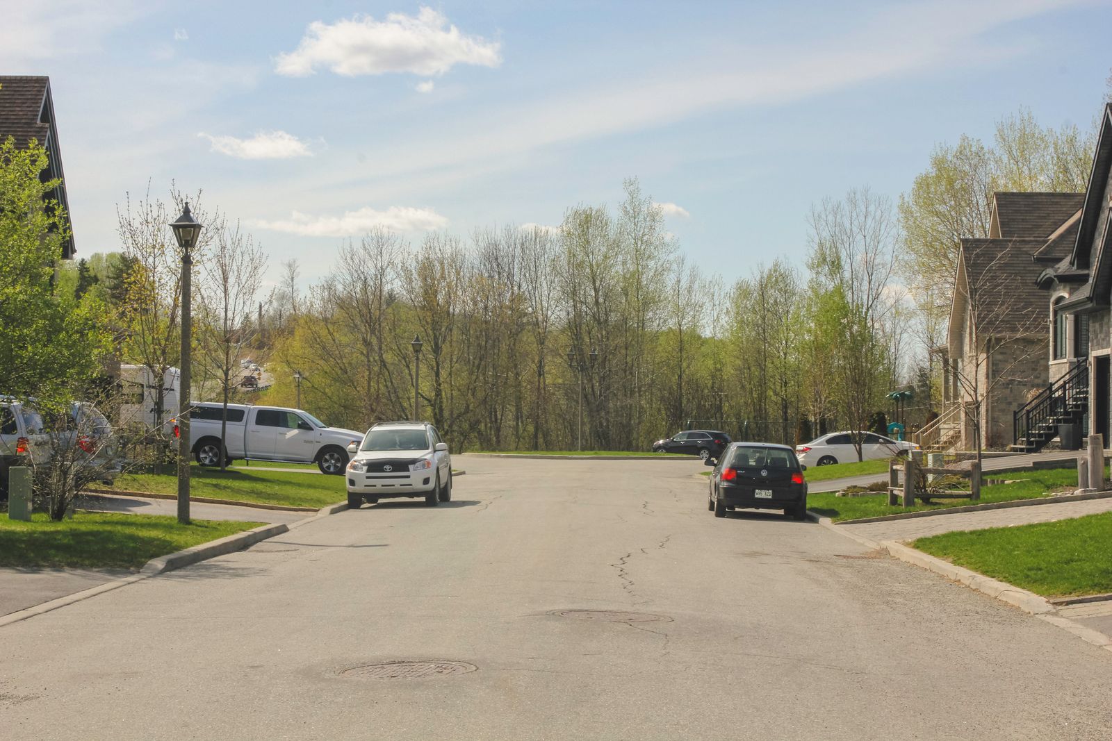 Residential street between suburban homes with mature trees along the curb