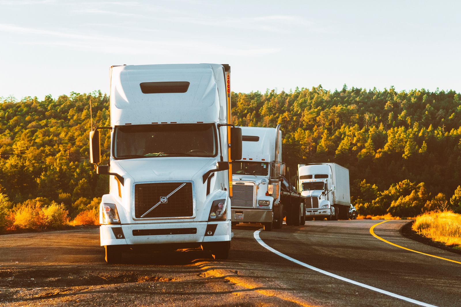 White Volvo tractor-trailer stopped on a highway shoulder waiting for a heavy duty tow truck